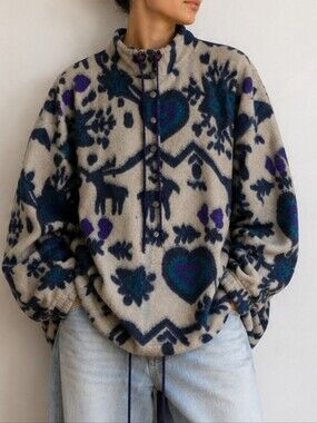 Vintage Victoria Sport Folk Print Fleece Snap Pullover Medium 90s